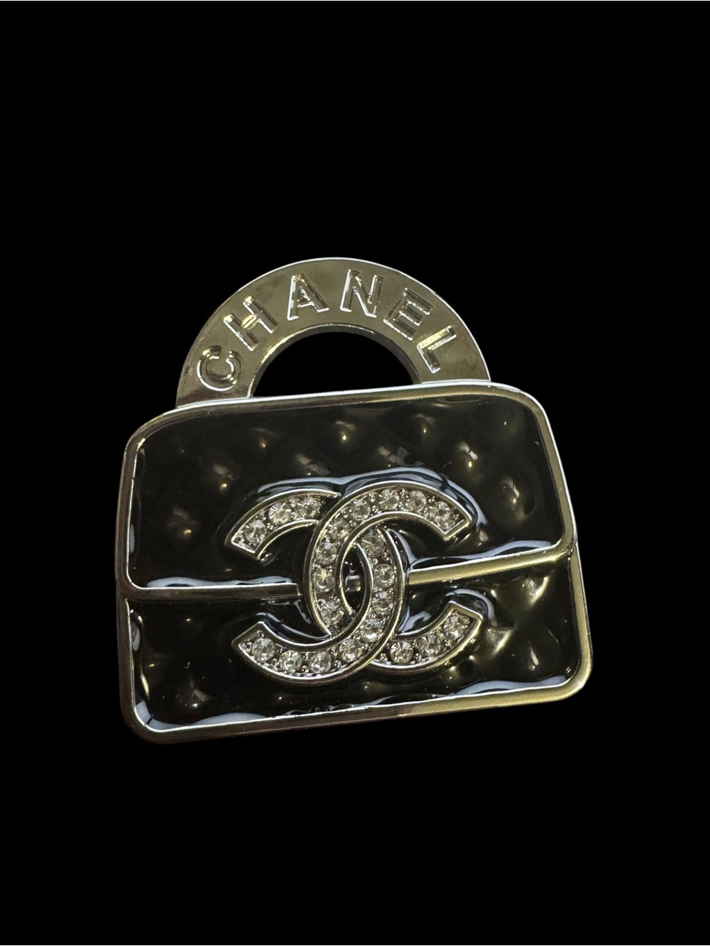 Black Quilted Bag Enamel Logo Brooch with Crystal Accents